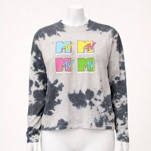 MTV Black and Gray Tie-Dye Long Sleeve with Neon Logo Blocks